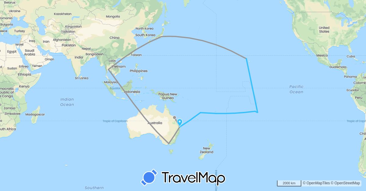 TravelMap itinerary: driving, plane, boat in Australia, France, Japan, Thailand, United States, Vanuatu (Asia, Europe, North America, Oceania)